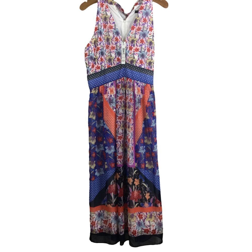 Maggy London Floral Garden V-Neck Folk Fest Chiffon Sleeveless Maxi Dress 14 NWT